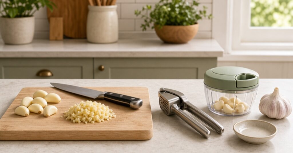 まな板のにんにくと包丁、金属のプレス、蓋付きの手動チョッパーを並べた調理台